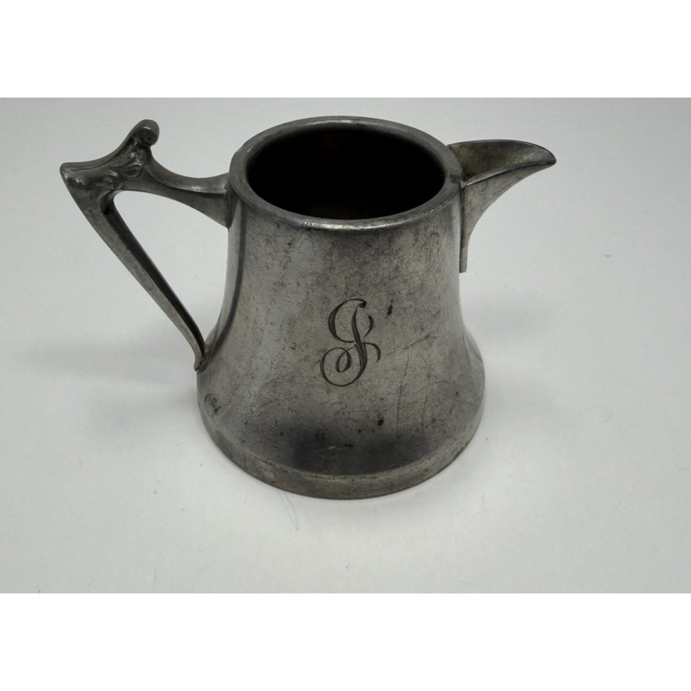 Vintage Antique Pewter Creamer Pitcher Art Nouveau Style Design w/Monogram